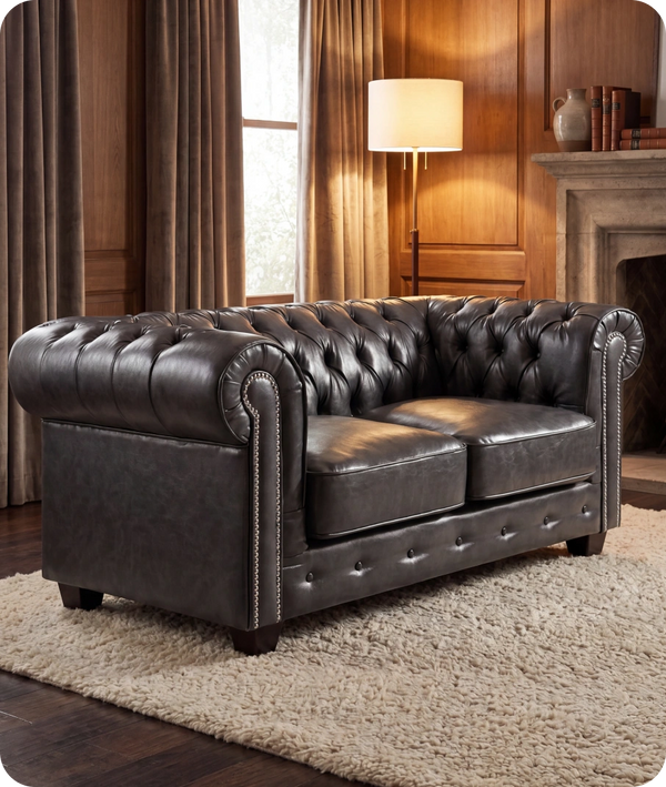 Chesterfield Grey Leather Antique 2 Seater Sofa