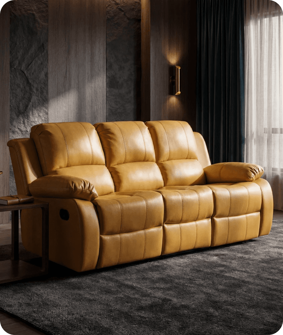 York Mustard Leather Manual Recliner 3 Seater Sofa