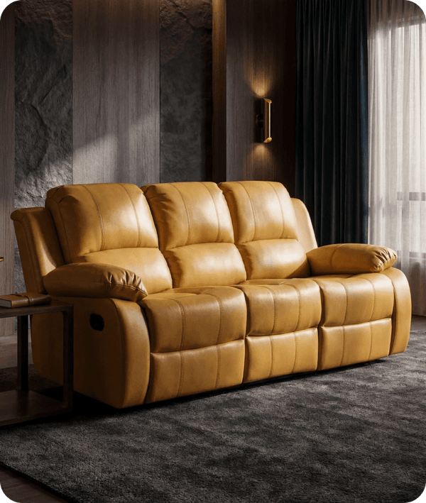 York Mustard Leather Manual Recliner 3 Seater Sofa