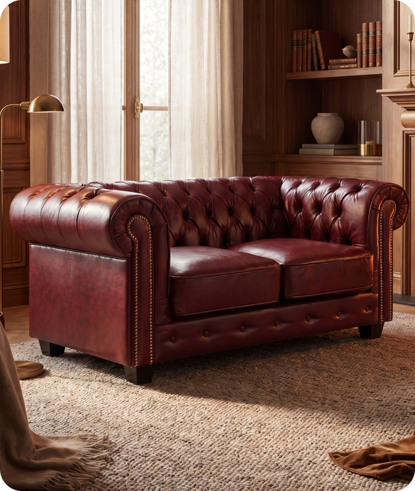 Chesterfield Red Leather Antique 2 Seater Sofa
