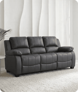 Gray leather sofa in a room with white curtains and a plant.