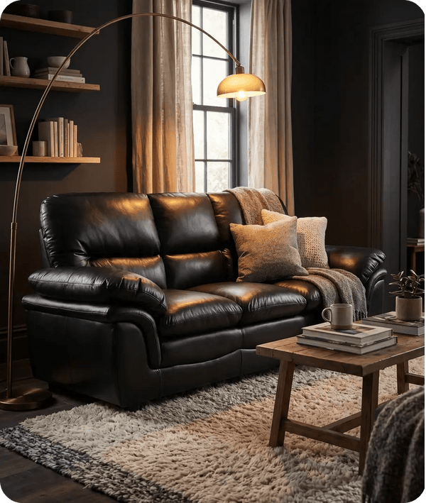 Florence Black Leather 3 Seater Sofa