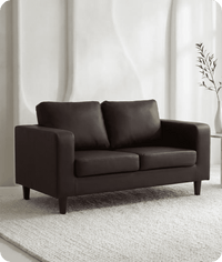 Brown sofa in a room with white walls and a plant.