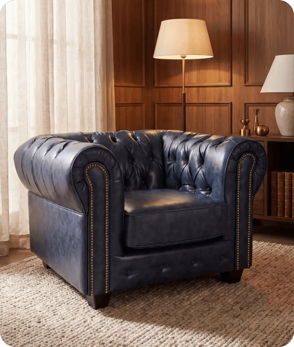 Chesterfield Blue Leather Antique Armchair