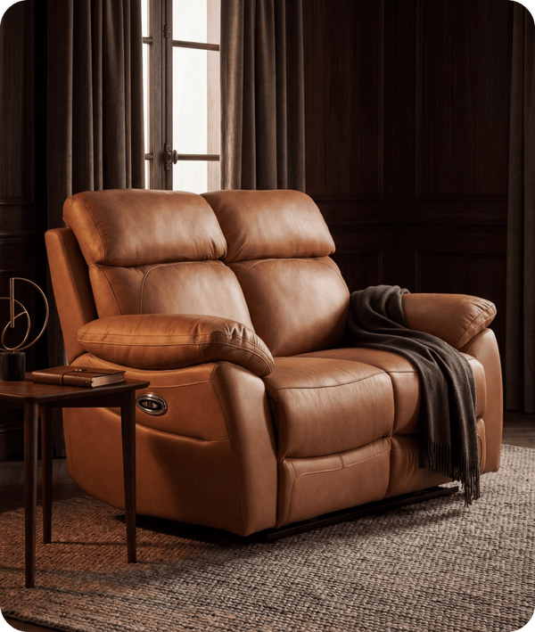 Torino Genuine Leather Caramel Electric Power Recliner 2 Seater Sofa