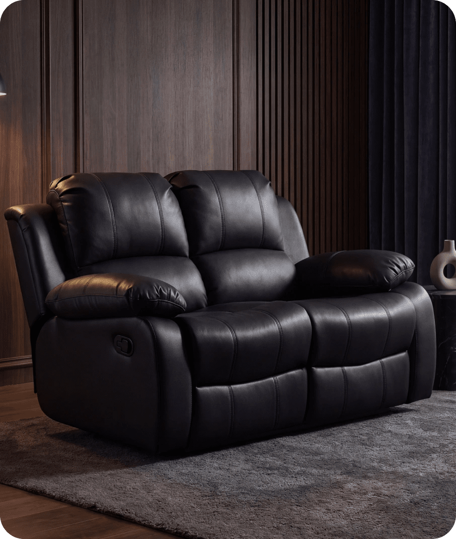 York Black Leather 2 Seater Manual Recliner Sofa