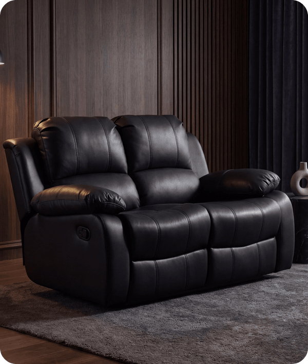 York Black Leather 2 Seater Manual Recliner Sofa