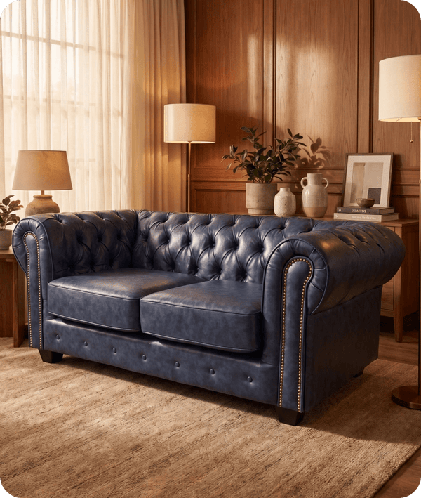 Chesterfield Blue Leather Antique 2 Seater Sofa
