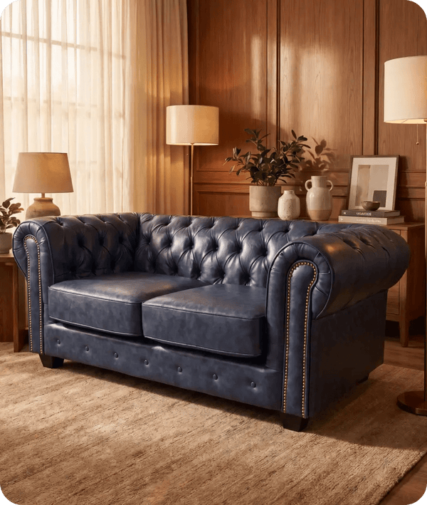 Chesterfield Blue Leather Antique 2 Seater Sofa