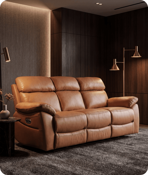 Torino Genuine Leather Caramel Electric Power Recliner 3 Seater Sofa