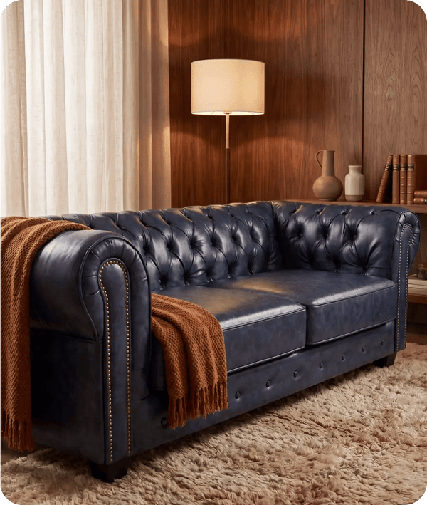 Chesterfield Blue Leather Antique 3 Seater Sofa