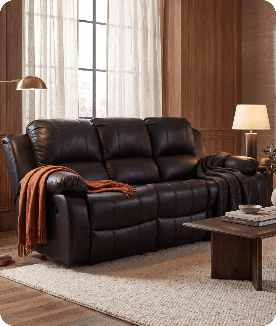 York Black Leather 3 Seater Manual Recliner Sofa