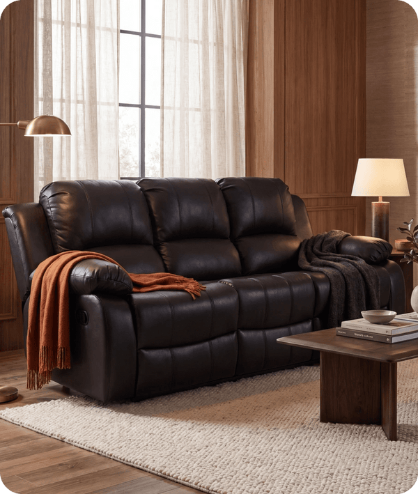 York Black Leather 3 Seater Manual Recliner Sofa