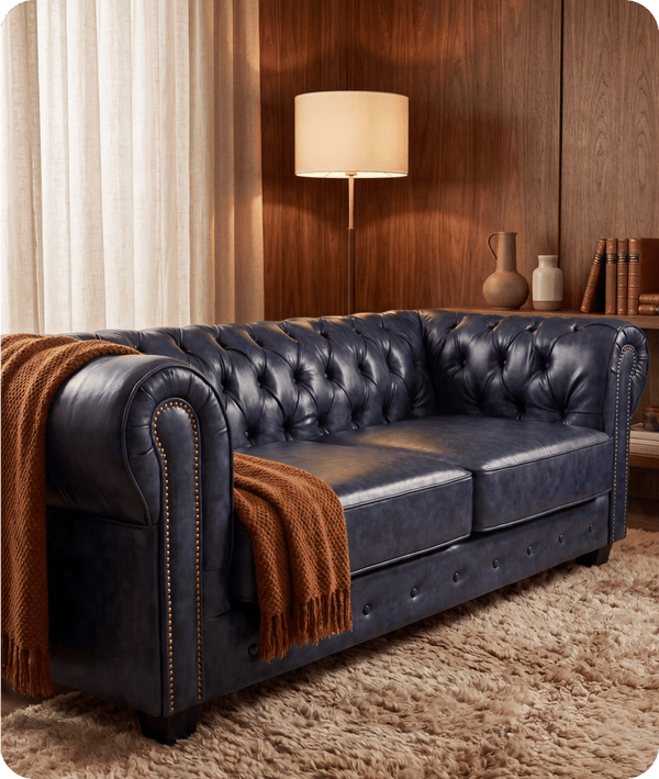 Chesterfield Blue Leather Antique 3 Seater Sofa