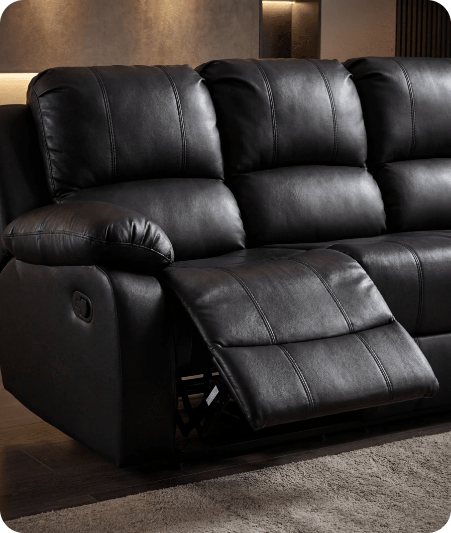 York Black Leather 3 Seater Manual Recliner Sofa