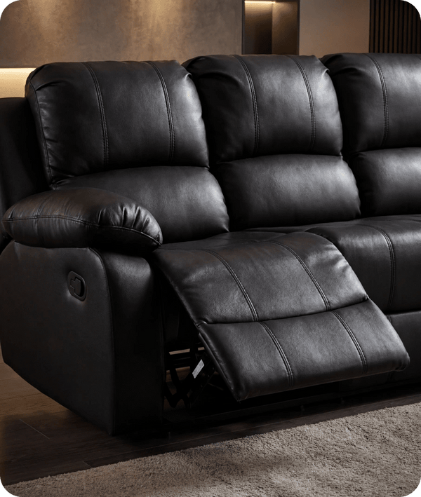 York Black Leather 3 Seater Manual Recliner Sofa