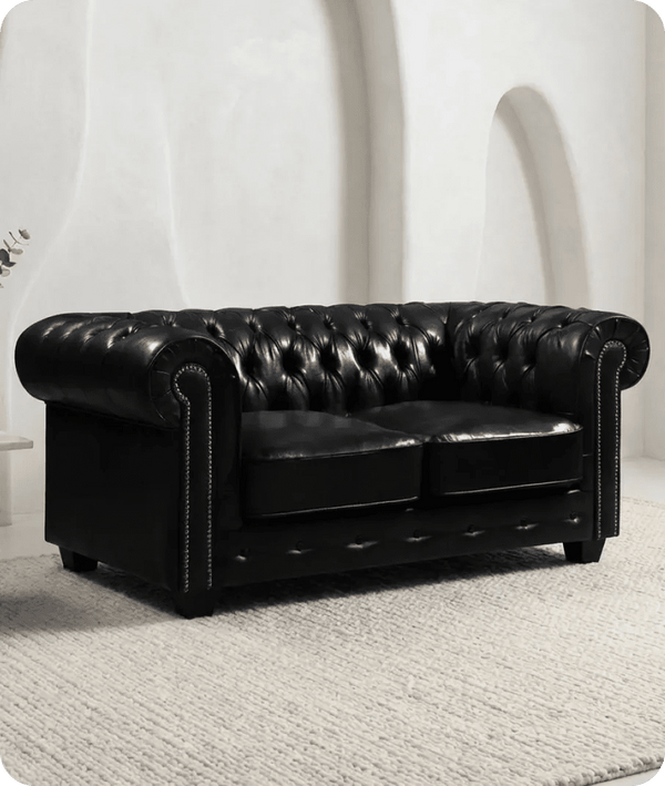 Windsor Classic Black Leather Antique 2 Seater Sofa