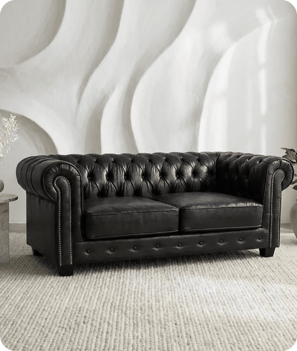 Windsor Classic Black Leather Antique 3 Seater Sofa