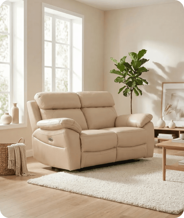 Torino Genuine Leather Cream Electric Power Recliner 2 Seater Sofa