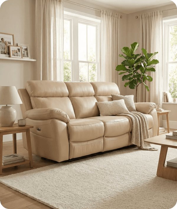 Torino Genuine Leather Cream Electric Power Recliner 3 Seater Sofa