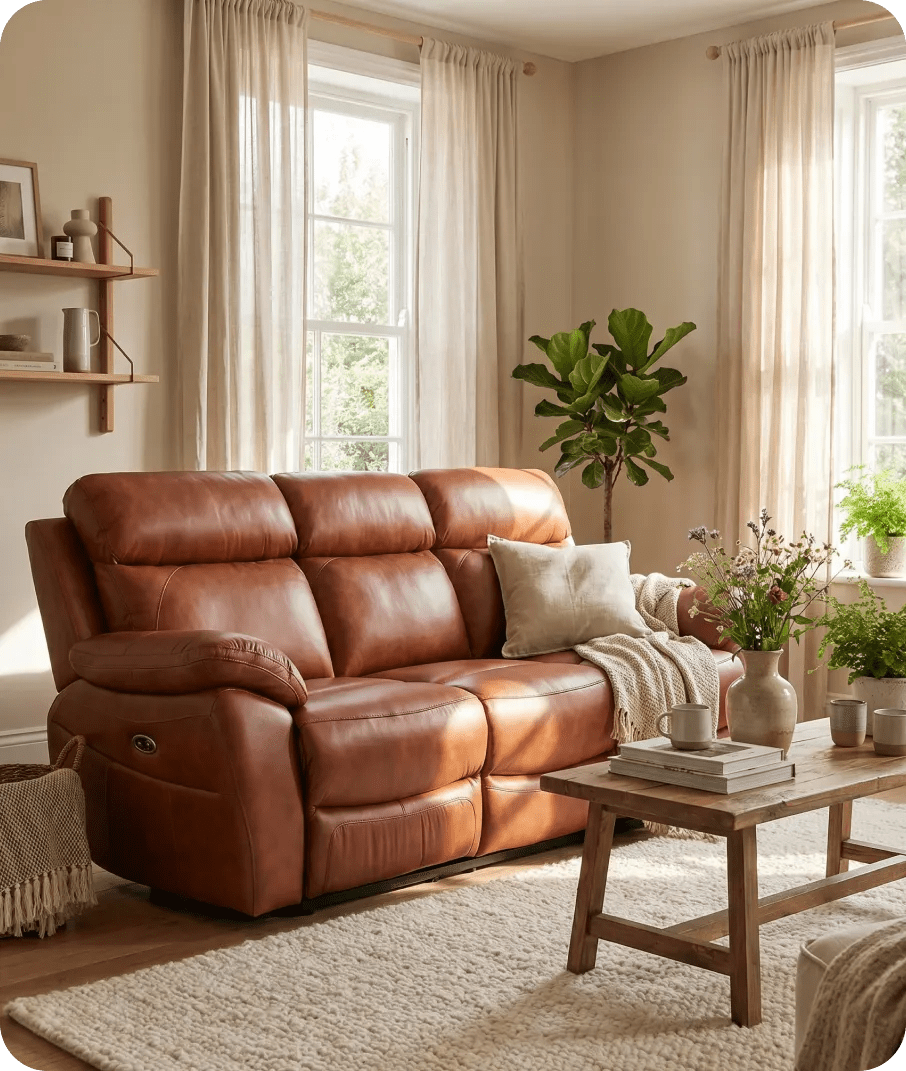 Torino Genuine Leather Tan Electric Power Recliner 3 Seater Sofa