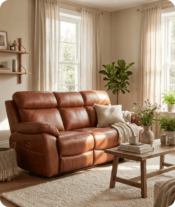 Torino Genuine Leather Tan Electric Power Recliner 3 Seater Sofa