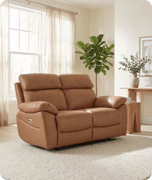 Torino Genuine Leather Caramel Electric Power Recliner 2 Seater Sofa