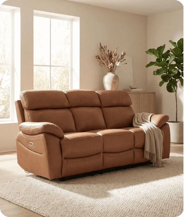 Torino Genuine Leather Caramel Electric Power Recliner 3 Seater Sofa