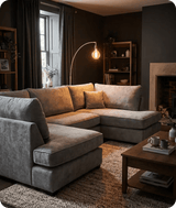 Mayfair Grey Fabric U Shape High Back Corner Sofa + Footstool