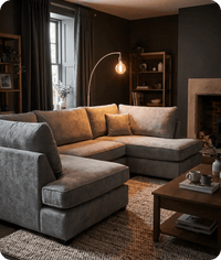 Mayfair Grey Fabric U Shape High Back Corner Sofa + Footstool