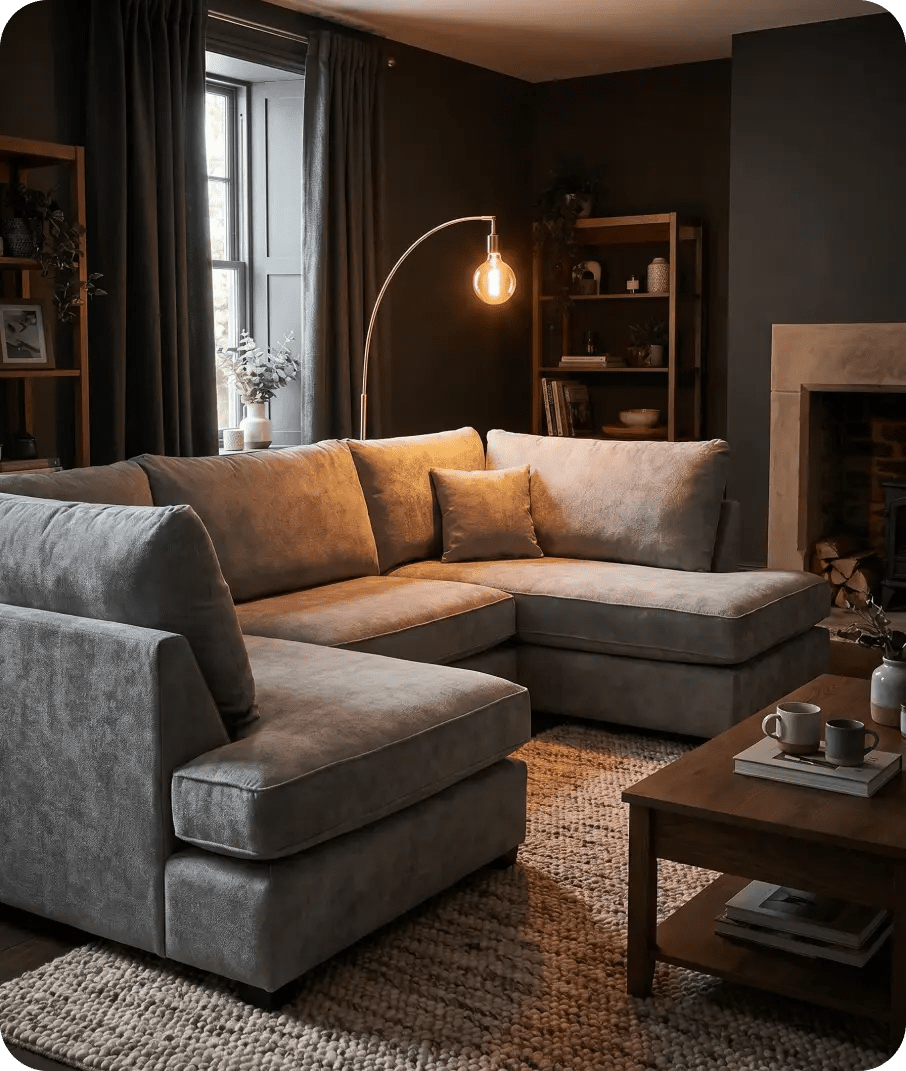 Mayfair Grey Fabric U Shape High Back Corner Sofa + Footstool