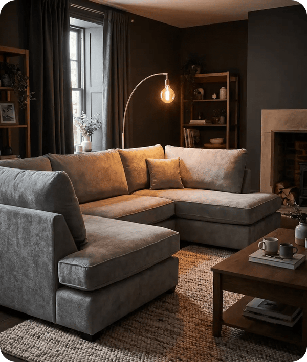 Mayfair Grey Fabric U Shape High Back Corner Sofa + Footstool