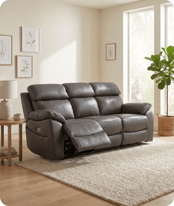 Torino Genuine Leather Grey Electric Power Recliner 3 Seater Sofa