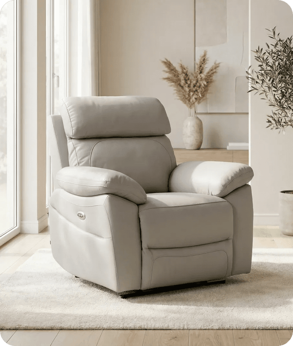 Torino Genuine Leather Light Grey Electric Power Recliner Armchair