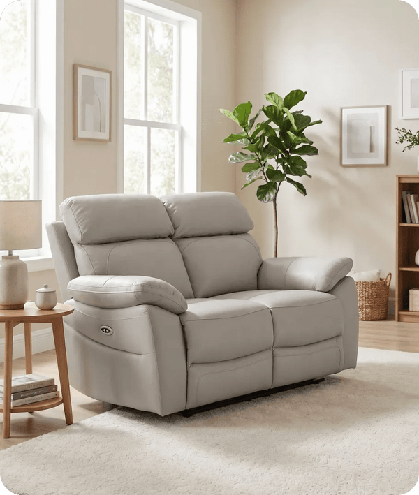 Torino Genuine Leather Light Grey Electric Power Recliner 2 Seater Sofa