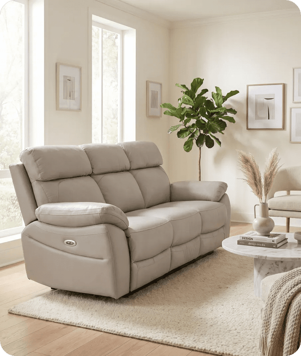 Torino Genuine Leather Light Grey Electric Power Recliner 3 Seater Sofa