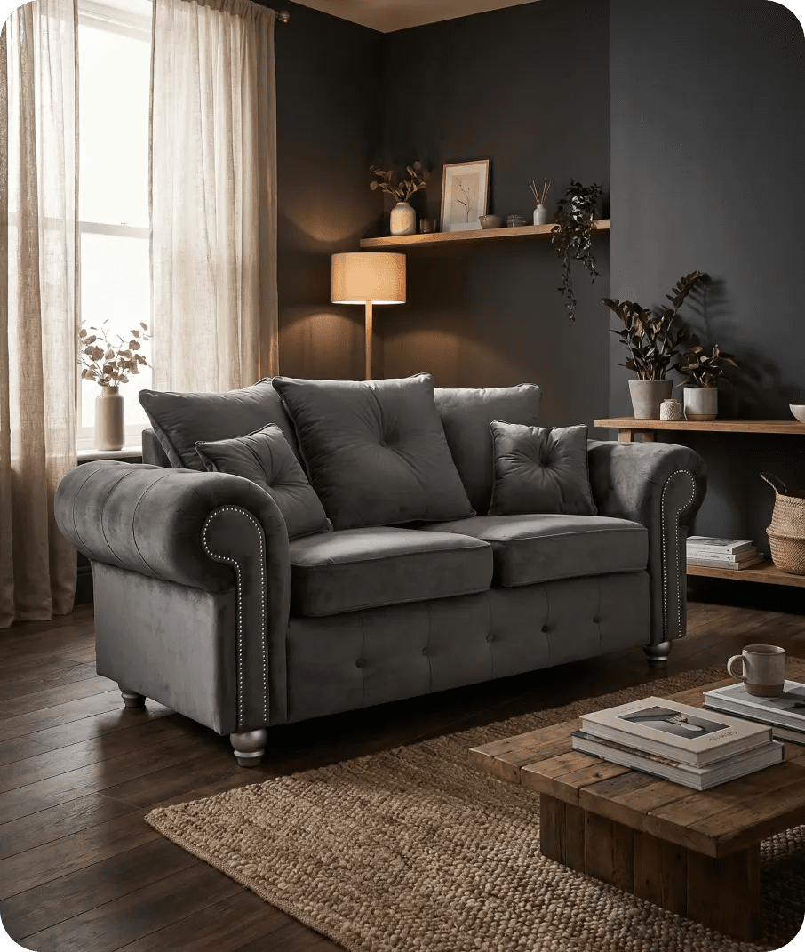 Haven Grey Fabric Velvet 2 Seater Sofa - Sofa-Direct