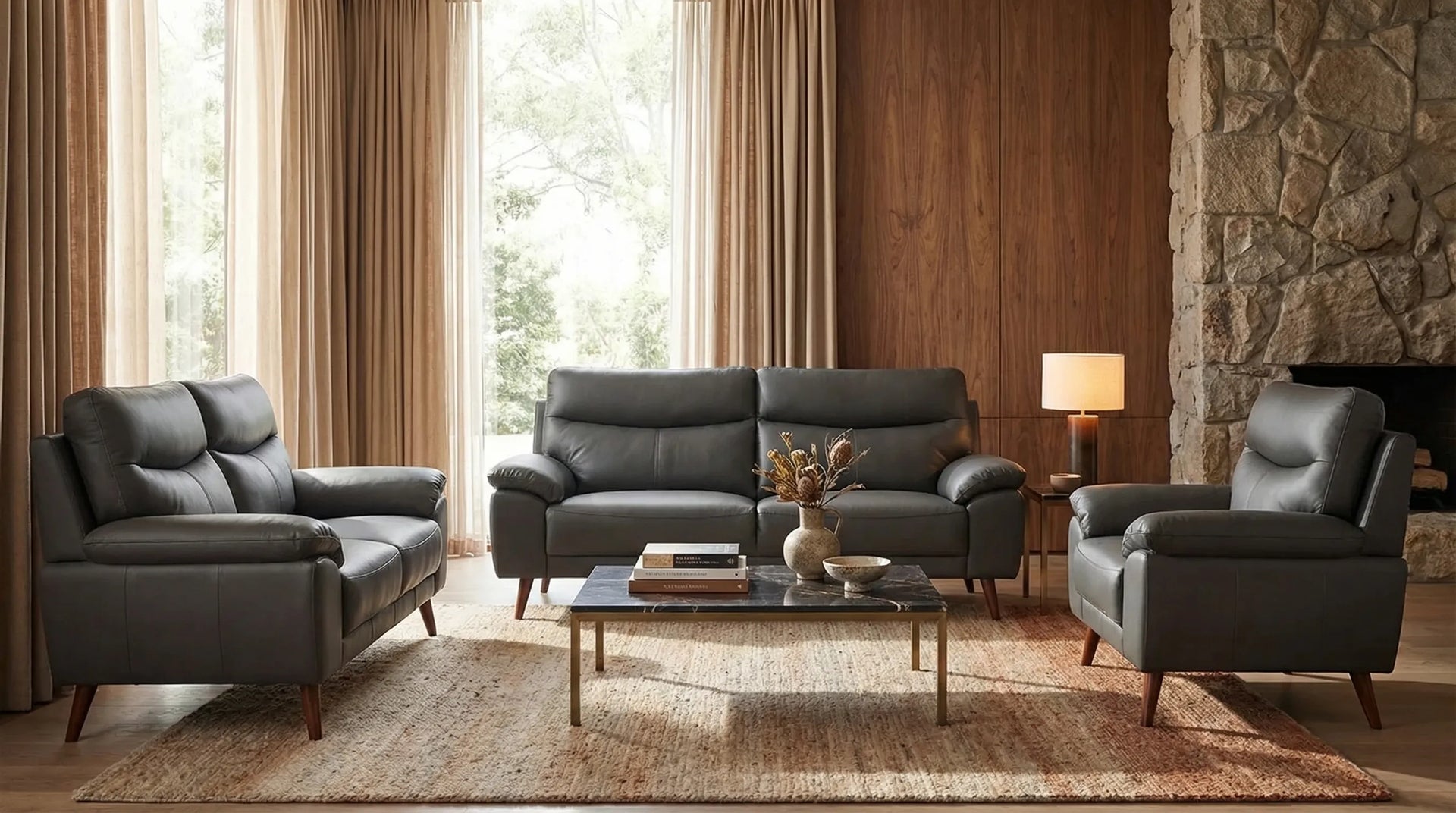 Ascot Genuine Leather Grey 3 Seater Sofa