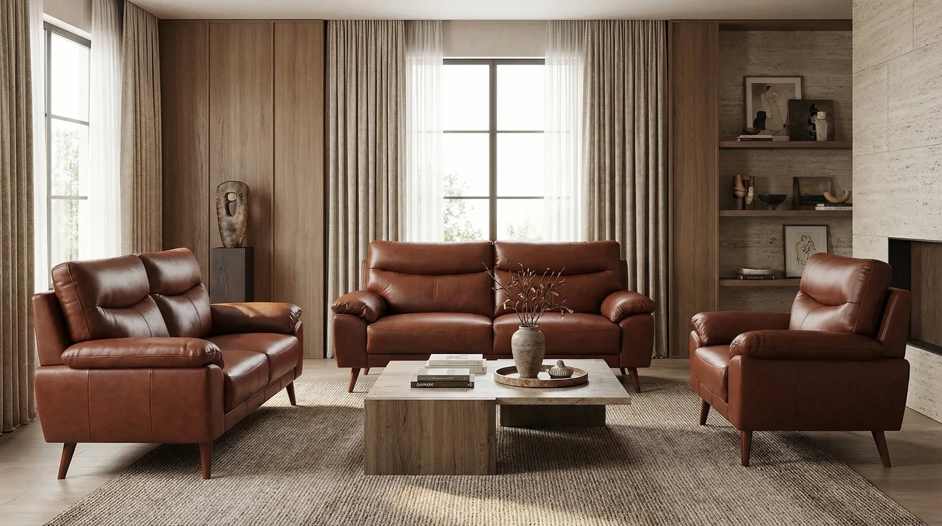 Living room with brown leather furniture and a coffee table.