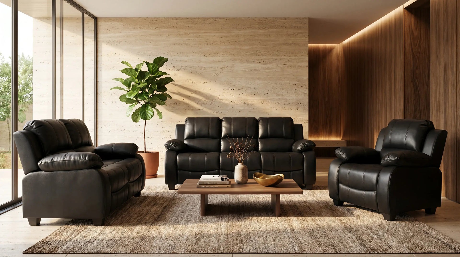 Modern living room with black leather furniture and wooden decor