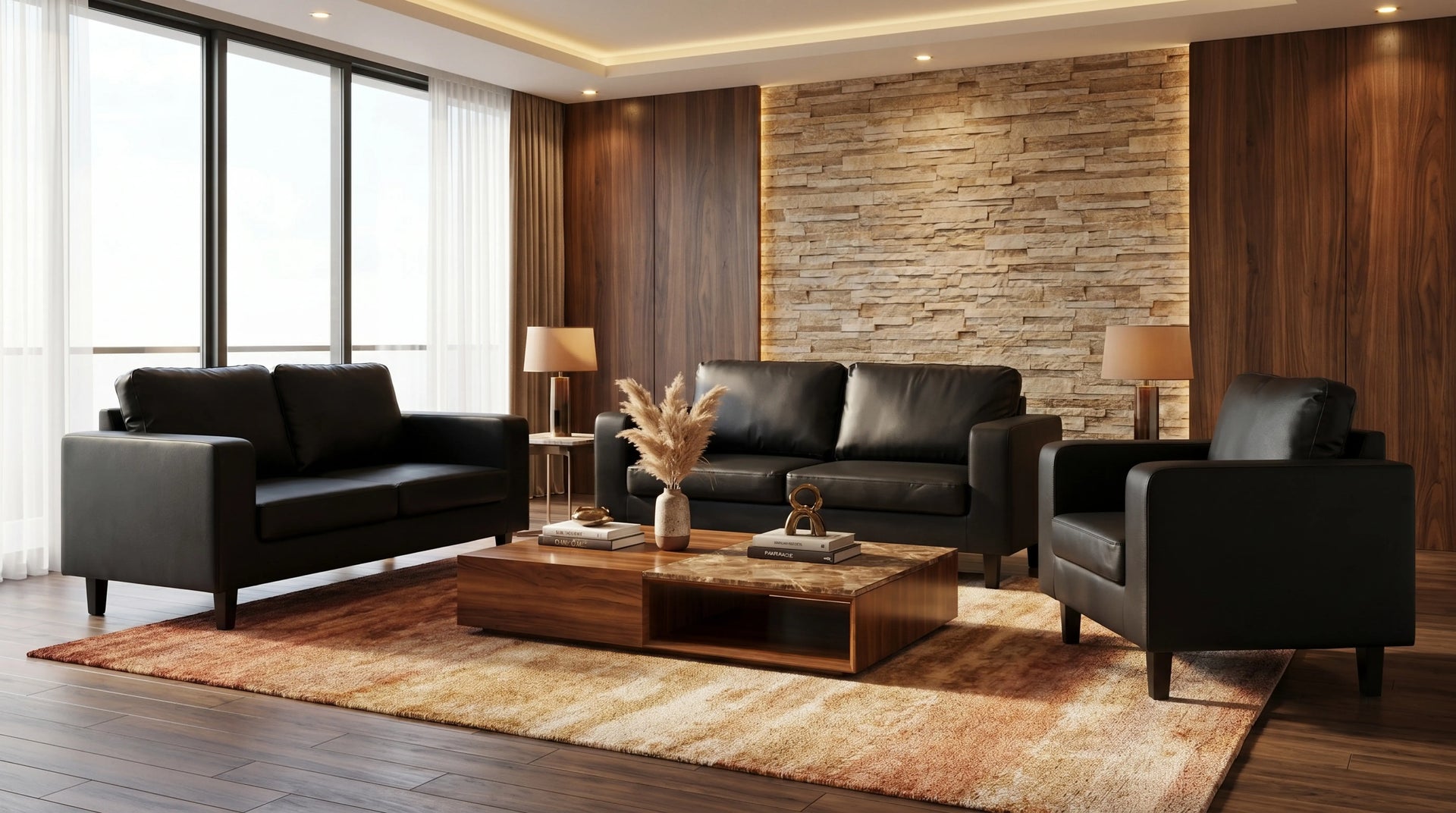 Modern living room with black leather sofas, wooden coffee table, and stone wall.