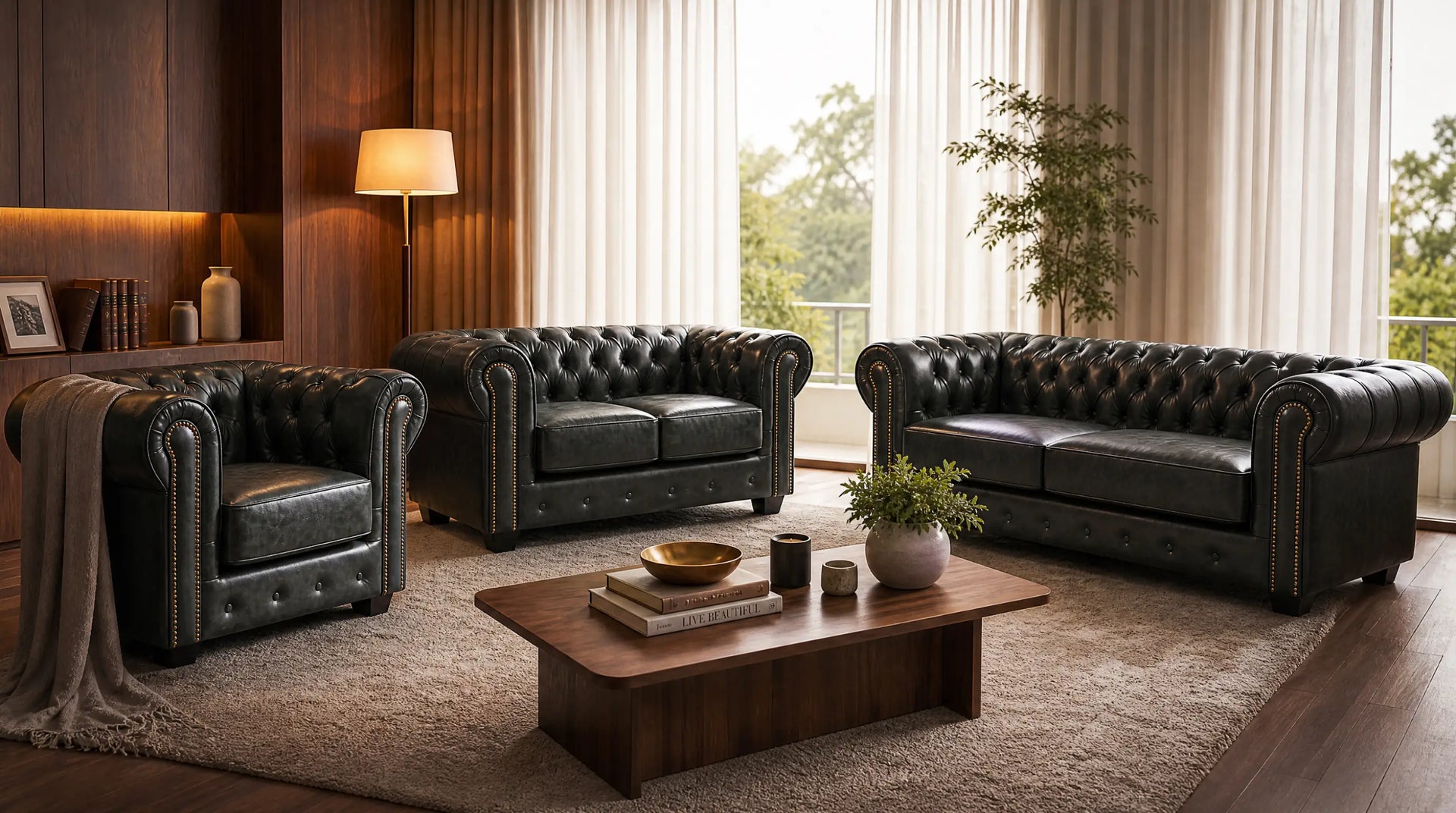 Chesterfield Green Leather Antique 3 Seater Sofa
