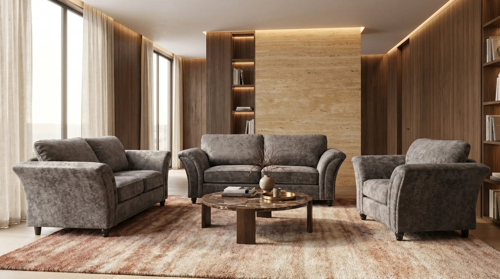 Modern living room with gray sofa set and wooden coffee table.