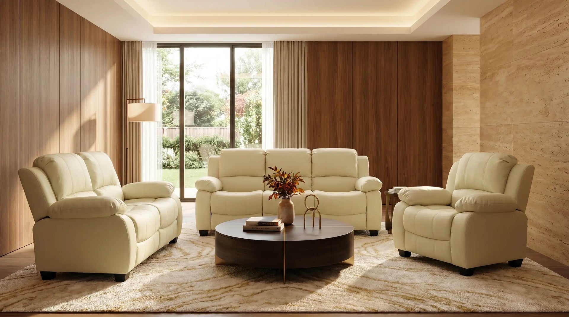 Modern living room with beige leather furniture and a large window.