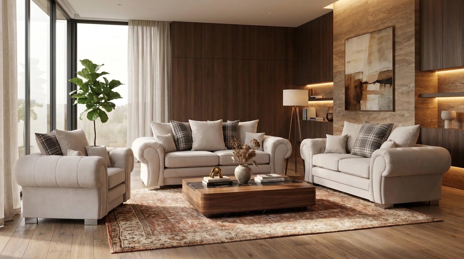 Modern living room with beige sofas, wooden coffee table, and decorative elements.