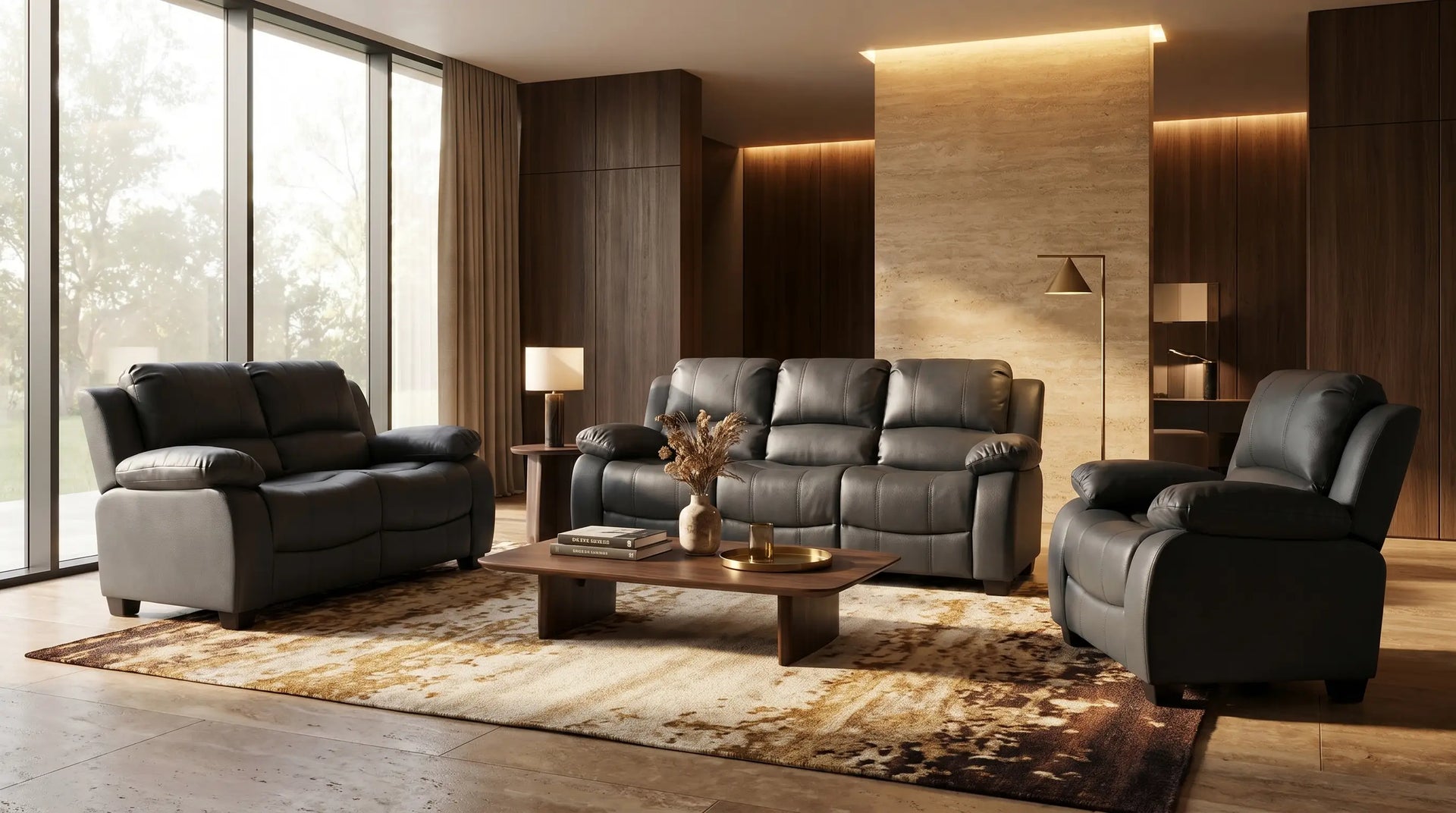 Modern living room with gray leather sofa set and wooden coffee table.