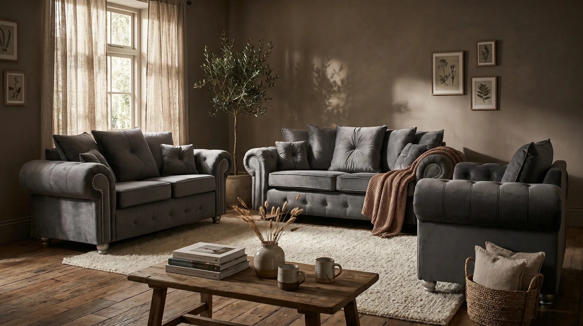 Cozy living room with gray sofas, wooden coffee table, and decorative elements.