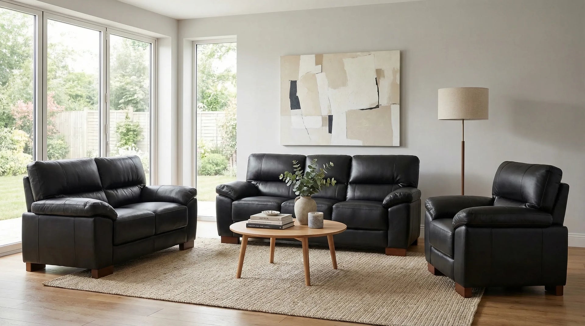 Modern living room with black leather sofa set and wooden coffee table.