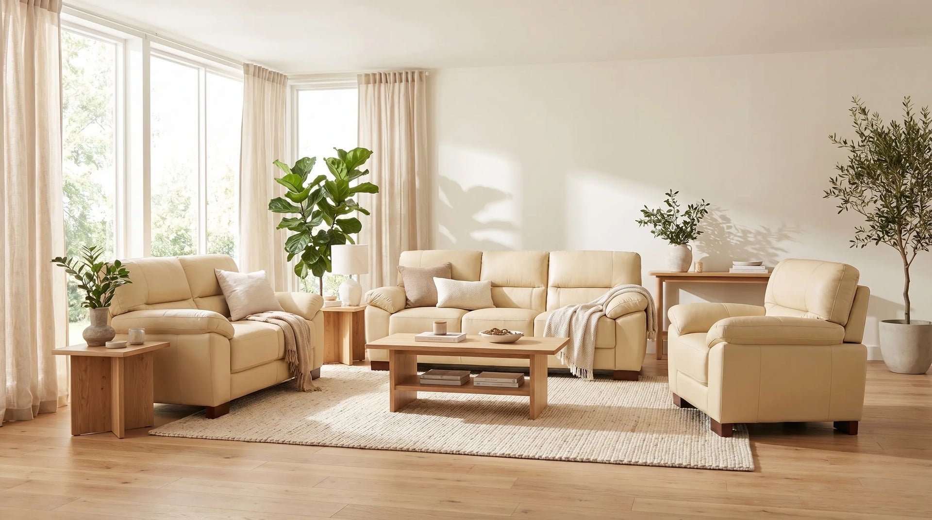 Beige living room furniture set with plants and decor in a bright room.
