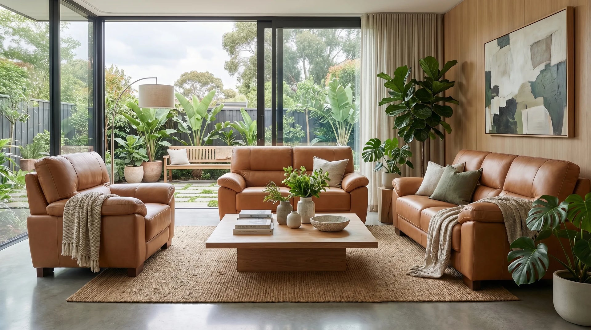 Modern living room with brown leather furniture, plants, and a large window.